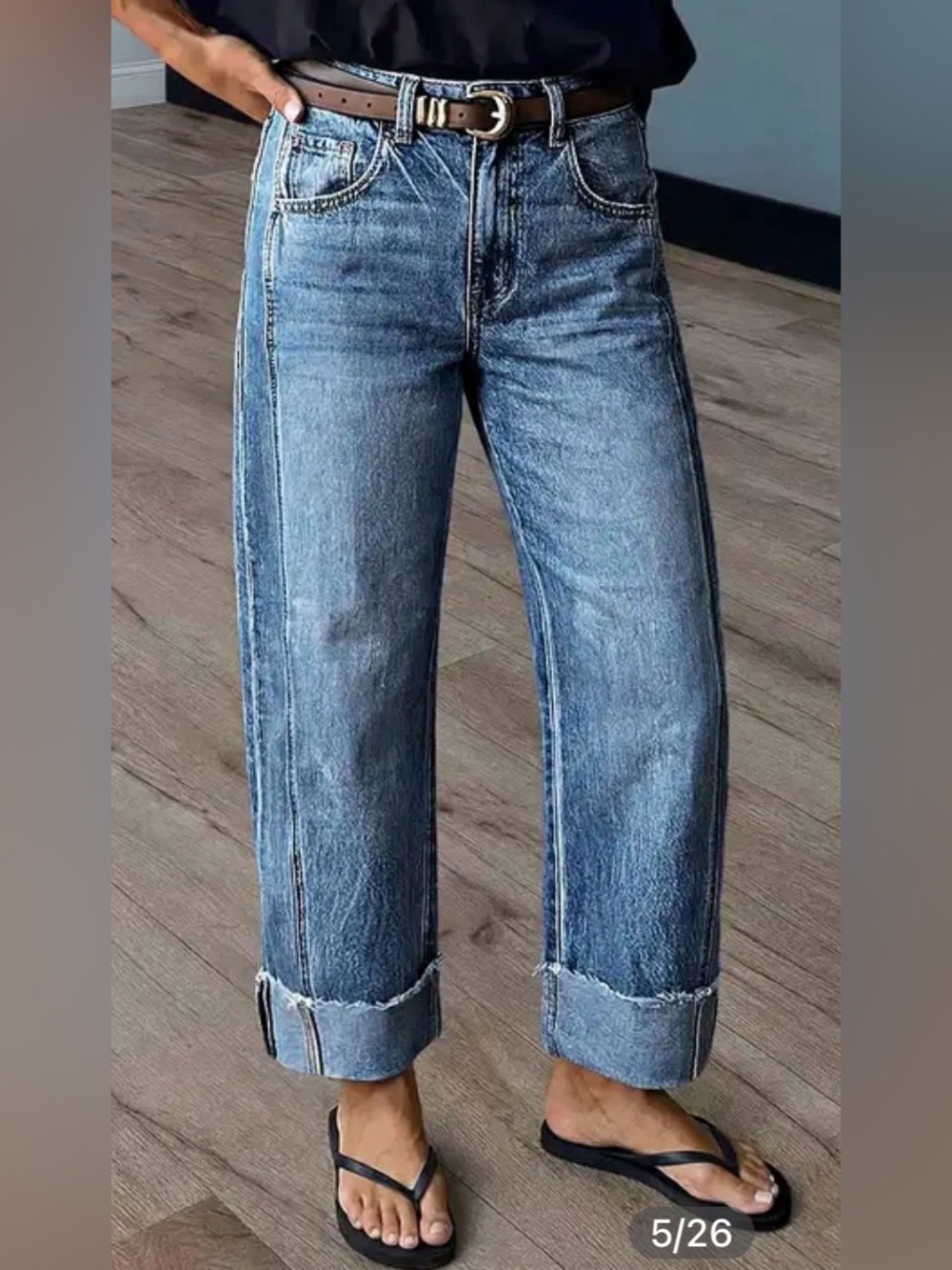 Flamingals Wash Seam Front Roll Raw Hem Mid Rise Straight Leg Crop Jeans